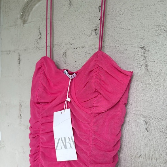 NWT Zara Pink Ruched Mesh Underwire Sweetheart Neck Bodycon Mini Dress Medium - Picture 3 of 12